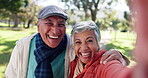 Face, selfie and elderly couple in park for bonding, romance or summer love with smile. Funny, laughing or photograph with senior an and woman in green garden of assisted living home for memories