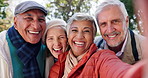 Senior friends, portrait and outdoor selfie for happy memory, retirement and bonding with support. Old people, face smile and pov picture together in nature for social media, solidarity and community