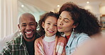 Woman, man and child in selfie as happy family on weekend, playful and home for memory. Cheerful people, lounge and portrait for relax, peace and bonding with parents for growth, development and love