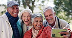 Senior people, friends and outdoor selfie for happy memory, retirement and bonding with support. Elderly, men and women with profile picture in nature for social media post, smile and relax together