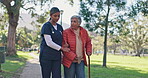 Old woman, nurse and cane for walking assistance in outdoor, talking and arthritis rehabilitation. Senior person, caregiver and walker for mobility balance, support and together in park for recovery