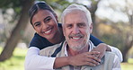 Hug, nature and nurse with senior man for healthcare support, trust and medical at nursing home. Smile, bonding and caregiver with elderly male patient for embracing in outdoor park, field or garden.