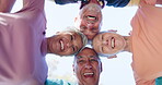 Portrait, huddle or senior people in park for fitness or support in outdoor workout or low angle. Group, happy or friends in nature together for training mission, exercise or retirement community