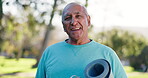 Old man, fitness and outdoor face for yoga, rehabilitation exercise and workout for arthritis. Senior person, mat and park for training in portrait, retirement and activity for wellness in garden