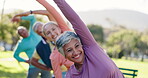 Senior, stretching arms or friends in park for fitness or body mobility in outdoor cardio workout. Group, happy or people in warm up together for training, exercise or retirement community in nature