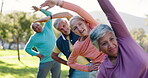 Elderly, stretching arms or friends in park for fitness or body mobility in outdoor workout together. Group, start or senior people in warm up for training, exercise or retirement community in nature