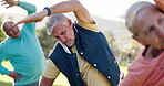 Old man, stretching arms or group in park for fitness or body mobility in outdoor workout together. Elderly, start or senior people in warm up for training, exercise or retirement community in nature