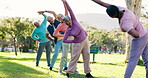 Yoga, stretching arms or old people in park for health or body mobility in outdoor workout together. Group, start or senior friends in warm up for training, exercise or retirement community in nature