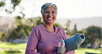 Old woman, fitness and outdoor face for yoga, rehabilitation exercise and workout for arthritis. Senior person, mat and park for training in portrait, retirement and activity for wellness in garden