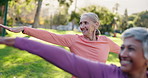 Senior, happy woman and yoga with stretching in nature for workout, exercise or balance together. Elderly female person or group with smile in class for training, awareness or fitness at outdoor park