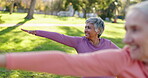 Fitness, smile and yoga with senior people in park together for mobility, pilates or wellness. Exercise, health and stretching with happy elderly group in garden or nature for retirement activity