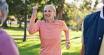 Fitness, running and smile with senior people in park together for cardio, mobility or wellness. Exercise, health and training with happy elderly group in garden or nature for retirement activity