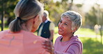 Mature women, laugh and support for fitness, exercise and workout with wellness, retirement and joke. Happy, female people and together in outdoor park for aerobics class, yoga and pilates in bonding