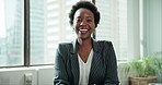 Face, business and black woman at desk, smile and corporate professional with legal aid, pride and career ambition. Portrait, person or lawyer in modern office, attorney and consultant in workplace