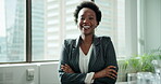 Portrait, happy and black woman in office with confidence, professional or proud in company. Smile, arms crossed or female HR officer in workplace for career success, empowerment or inclusion in city