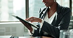 Browsing, tablet and employee in office, smile and information for report of finance by forensic accountant. Research, digital or hands of auditor with internet for investigation of company or person