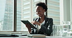 Business woman, tablet and reading in office for communication, news article or information in company. Black female person, tech and connection with smile, concentration and scroll on website or app