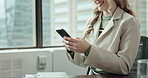 Hands, woman and relax with phone in office for communication, networking and social media meme on break. Laughing, female person and mobile for funny joke, browse internet and reading comic website