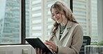 Business woman, tablet and scrolling online for communication, news article or information for company. Female person, tech and connection in modern office, connection and reading on website or app