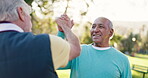 Outdoor, friendship and elderly men with high five for support, achievement and wellness goal. Happy people, senior care and hand gesture in nature for bonding, teamwork and fitness health in park