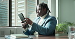 African businessman, tablet and reading in office for communication, news article and information in company. Male person, tech and connection with serious, concentration and scroll on website or app