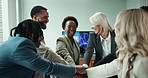 Business people, hands together and meeting with applause for teamwork, success or collaboration at office. Group of happy or excited employees piling in unity for solidarity or mission at workplace