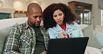 African couple, relax and conversation with laptop on sofa for browsing, property and apartment research. Man, woman and together in house with discussion for real estate investment and housing value