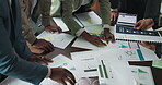 Meeting, chaos and business people hands with documents for planning, neuroscience and tech ideas. Teamwork, partnership and manager talking to workers for project review, paperwork and briefing