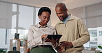 Happy, people and discussion with tablet in office for teamwork, partnership and hr information of recruitment. Business, woman and man with digital for planning interview, meeting and question list