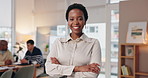 Happy, crossed arms and face of business black woman with company pride, confidence and smile. Creative agency, company and portrait of person for career, job opportunity and working in office