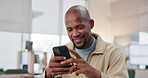 Business, black man or laughing for phone in office for social media meme, reading funny post or text message. Professional, happy employee or communication with networking, connection or mobile chat