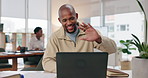 Business man, laptop and wave for video call in office with conversation, planning and consultation. Male employee, computer and hello for online meeting with faq discussion, b2b proposal and talking