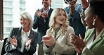 Meeting, applause and business people in conference room for presentation, company workshop or achievement. Team, staff and happy with diversity clapping hands for celebration, success or good news