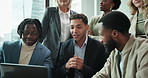 Business, laptop and people in office for video call, presentation or webinar in city. Man speaker, team or tech on table for online seminar, virtual meeting or company introduction for collaboration