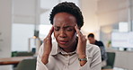 Black woman, headache and stress in office for business challenge, burnout and health risk for anxiety. African employee, pain and temple massage for migraine with depression, brain fog and pressure