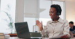 Black woman, laptop and wave at call center on video call for customer support with life cover or funeral policy. Female person, employee and office with technical support in telemarketing service