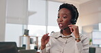 Black woman, laptop and explain at call center on video call for customer service with life cover or funeral policy. Female person, employee and office with technical support in telemarketing support