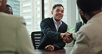 Shaking hands, man and legal team in meeting, crisis resolution and negotiation agreement in office. Employees, thank you and attorney deal for settlement, collaboration and applause for compromise
