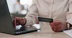 Hands, woman and laptop with debit card in office as banker or financial advisor for banking service. Female person, employee and credit verification for loan or mortgage application with information