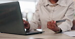 Hands, woman and laptop with debit card in office as banker or financial advisor for banking service. Female person, employee and credit verification for loan or mortgage application with information