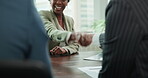 Celebration, handshake and boardroom for business meeting, clapping and agreement of client with accountant. Applause, people and holding hands for achievement in office, thank you and success