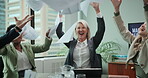 Business people, celebration and air paper in office for success, partnership and B2B agreement. Tech company, diversity and team applause as collaboration deal for global ai development contract