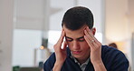 Business, man and headache from stress in office with temple massage, brain fog or burnout from project deadline. Employee, person or migraine with pain, fatigue or overworked with mental health risk