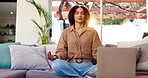 Calm woman, relax and meditation with laptop on sofa for online tutorial, awareness or mindfulness at home. Young female person with computer for breathing exercise, inner peace or zen app at house