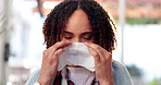 Sick woman, flu and blowing nose with tissue for sinus, illness or virus from cold at home. Face of female person with viral infection, hayfever or allergies for covid, sneeze or disease at house