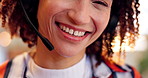 Happy woman, consultant and mouth with mic at call center in customer service, online support or telemarketing. Closeup of female person, agent or smile with headphones for virtual assistance or help