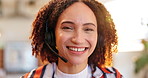 Happy woman, consultant and face with mic at call center in customer service, online support or telemarketing. Portrait of female person, agent or smile with headphones for virtual assistance or help