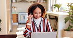 Happy woman, consultant and home with laptop for customer service, online support or telemarketing. Female person or agent in remote work on computer with headphones for virtual assistance or help