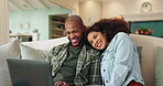 African couple, laptop and smile with hug in home living room, online browsing or web scrolling on sofa. People, computer and happiness of man, woman and bonding on couch in lounge on social media