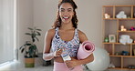 Happy woman, face and yoga mat for zen, wellness and physical activity with water bottle in home. Female person, pilates and excited for balance, practice or peace with  confidence, workout or health